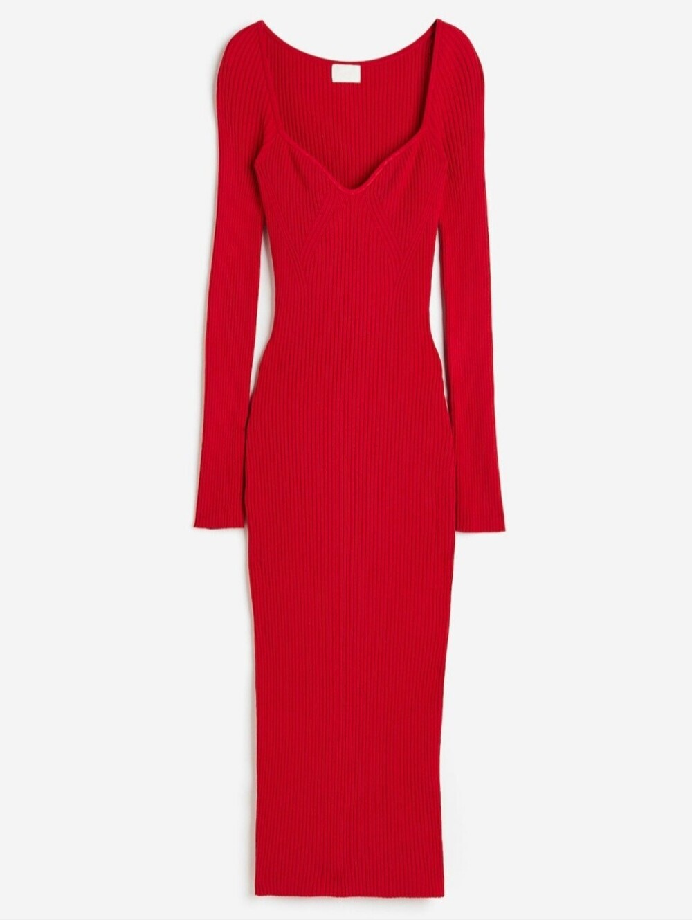 H&M Ribbed Knit Sweetheart Neck Midi Dress XL Bodycon Long Sleeve